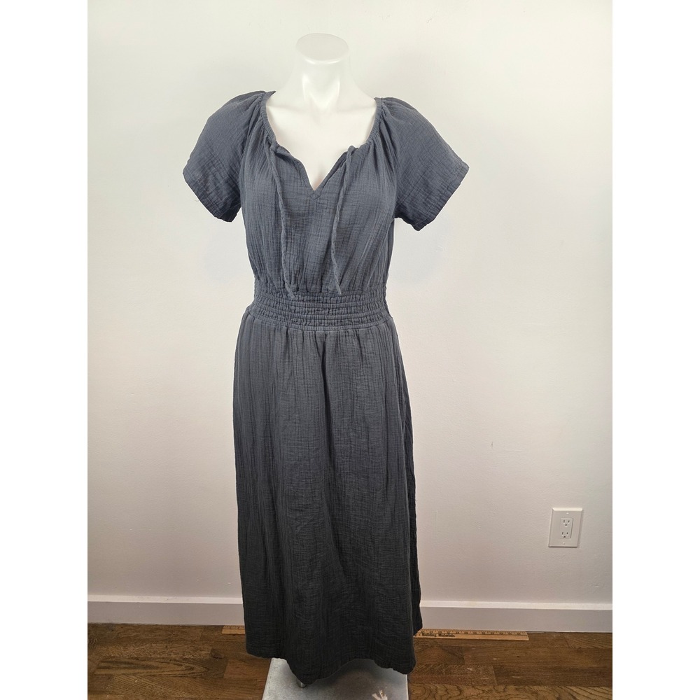 Pact Organic Cotton Gauze Maxi Dress Charcoal Gray Smocked Waist Pockets Small